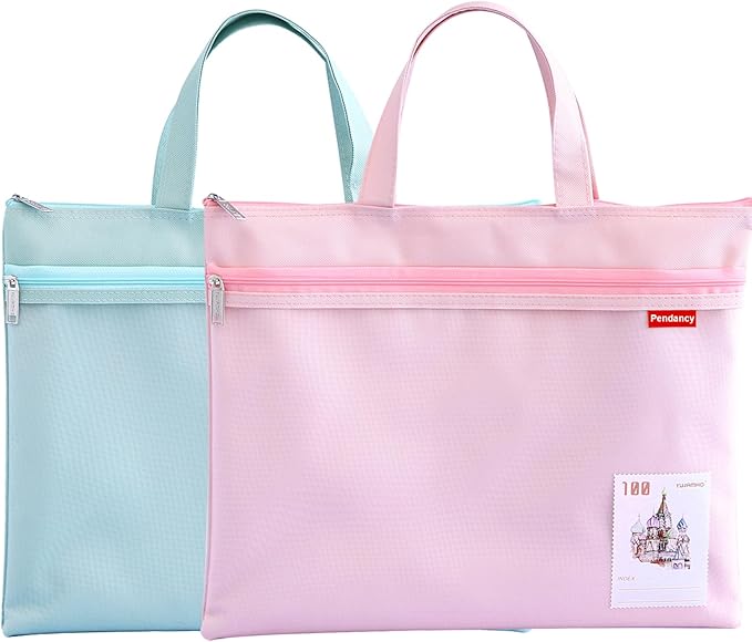 Pendancy Mesh Zipper Pouch 11x13.7 in, 2 pcs Large Double Pocket Waterproof File Bag with Handle, A4 Size Foldable Document Storage for Puzzle Project/Cross Stitch/Travel/Office（Green Pink）