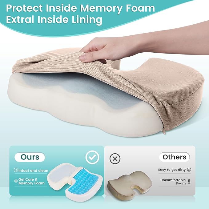 Office Chair Seat Cushion, Cooling Gel Enhanced Memory Foam Cushion for Long Sitting - Back, Sciatica, Coccyx, Tailbone Pain Relief Pillow - for Office, Gaming, Car, Wheelchair - Khaki, X-Large