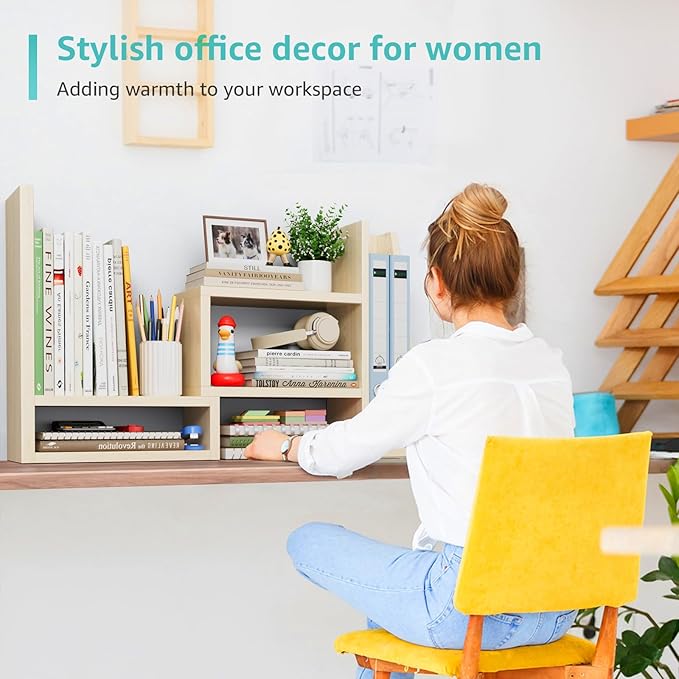 Desktop File Organizer Desk Organizer Shelf - Wooden Office Organization Shelves for Top of Desk Organizers and Accessories Corner Bookshelf Table Top Shelving Small Hutch Decorations for Women Office