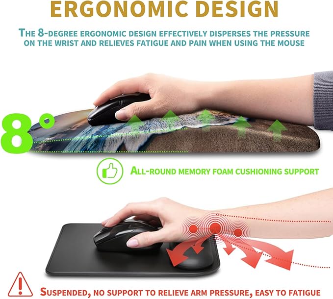 Hokafenle Ergonomic Mouse Pad Wrist Support with Massage Design, Wrist Rest Pain Relief Mousepad with Memory Foam&Non-Slip PU Base, Mouse Pads for Wireless Mouse & Desk (12x8 inch,Sunrise Beach)