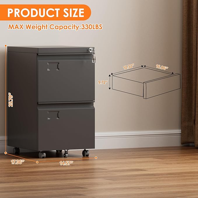 SUXXAN 2 Drawer File Cabinet with Wheels, Under Desk Drawer with Lock Name Card Holder for Home Office, Metal Filing Cabinet for Legal/Letter Size, Assembly Required