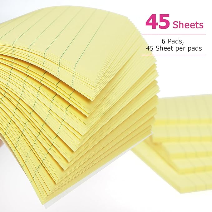 Early Buy 6 Pads Lined Sticky Notes with Lines 4x6 Self-Stick Notes Bright Color Sticky Notes, 45 Sheets/Pad (Yellow)