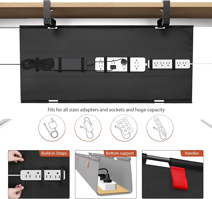 Univivi No Drill Under Desk Cable Management Tray, 36" Cord Organizer for Table, Clamp/Screw Mount Desk Cable Management, Premium Fabric Cable Management Tray for Office, Home