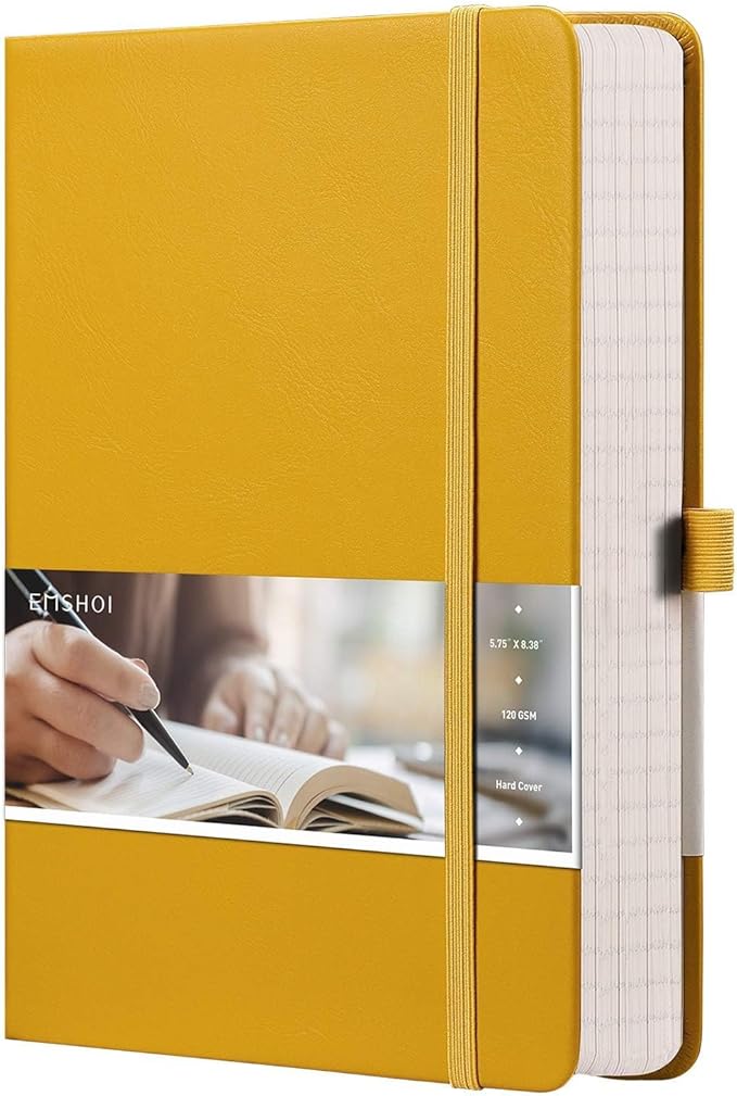EMSHOI College Ruled Notebook 120gsm Thick Lined Journal - 256 Numbered Pages, A5 Hardcover Leather Writing Notebook for Work, School, Travel - with Sticky Notes, 5.75"x8.38", Yellow