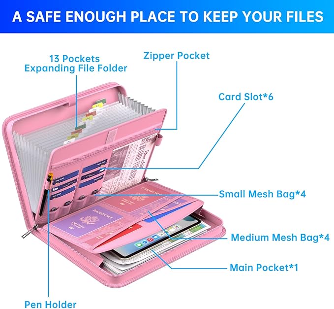 ENGPOW Accordion File Organizer,Fireproof Expanding File Folder with Multi Pockets,13 Pockets Document Organizer with Handle & Labels,Portable Home Travel Safe Storage Folder for Letter A4 Files,Pink