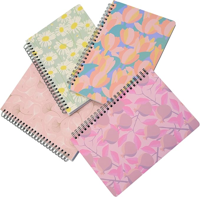 Yansanido Spiral Notebook, 4 Pcs A5 Thick Leaves Design Hardcover 8mm Ruled 4 Color 80 Sheets -160 Pages Journals for Study and Notes (Leaves)