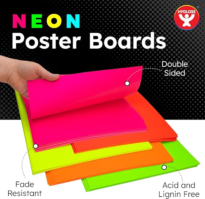 Hygloss Medium Poster Board 11x14 - 25 Assorted Neon Color Poster Boards Bulk Pack - 10 Pt. Thickness Colored Poster Board Paper for Projects, Signs, Displays - Posterboard Multipack 11" x 14"