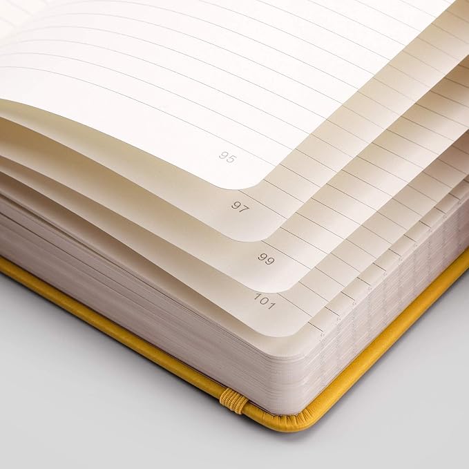 EMSHOI College Ruled Notebook 120gsm Thick Lined Journal - 256 Numbered Pages, A5 Hardcover Leather Writing Notebook for Work, School, Travel - with Sticky Notes, 5.75"x8.38", Yellow