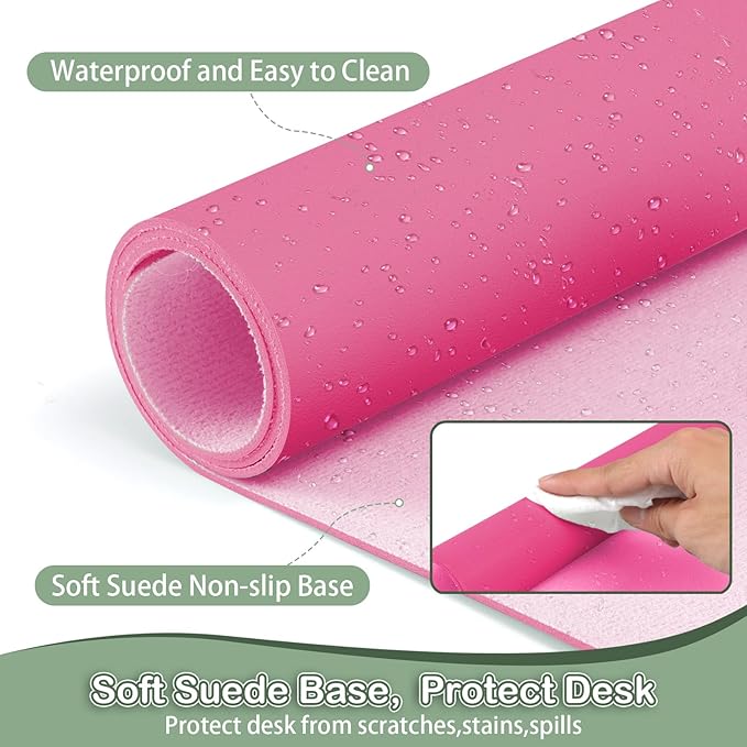 Boutilon Leather Desk Pad Protector,Non-Slip Mouse Pad,Laptop Desk Pad,Office Mouse Mat,Waterproof Leather Desk Blotter,Desk Writing Pad for Office and Home (XXXL-Rose Pink,47"x 24")