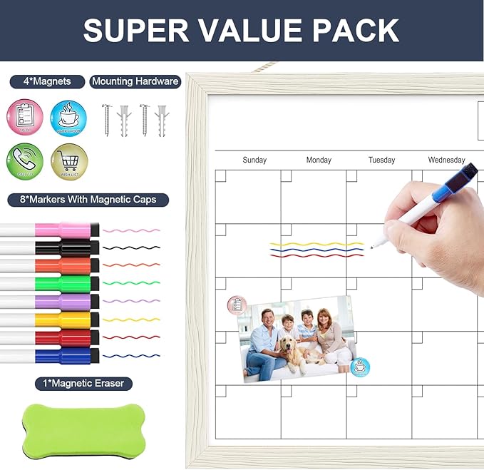 Calendar Whiteboard for Wall, 17x13 Inches Dry Erase Calendar for Wall, Small Magnetic Monthly White Board with Wood Framed, Hanging Dry Erase Board for Kitchen Home Office School Planner