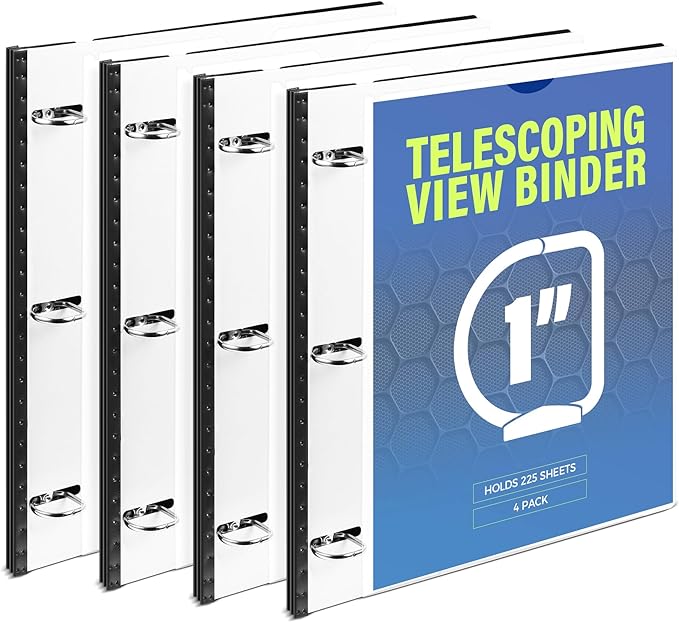 WOT I 1 Inch Telescoping 3 Ring Binder 4 Pack, Expandable Flexible Binder with Customizable Front Cover & Clear Catalog Pocket, Holds 225 Sheets, School Office Supplies, White