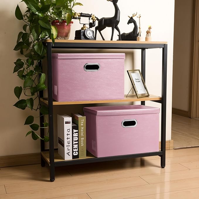 PRANDOM Large Collapsible Storage Box with Lid [1-Pack] Leather Fabric Foldable Storage Bin Organizer Container Basket Cube with Cover for Home Bedroom Closet Office Nursery Pink (17.7x11.8x11.8)