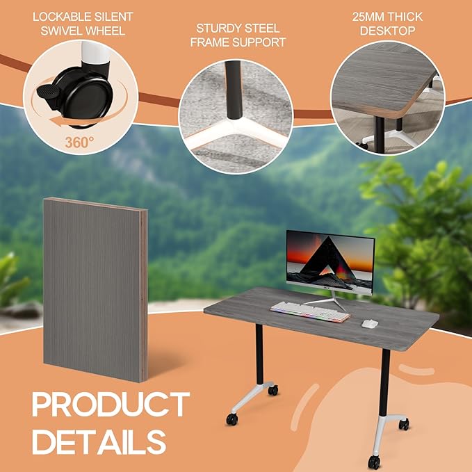 Folding Conference Table 4ft 5ft, Foldable Office Meeting Desk for 6 People, Multiple Sizes Colors Mobile Conference Room Table for Training Room School Business Furniture (6, Grey, 47in)