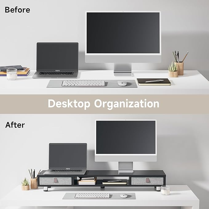 Fenge Dual Monitor Stand with 2 Drawers, 42.5 Inches Large Computer Riser for Desk, Adjustable Height Desk Shelf with Storage for Laptop, PC, TV, Printer
