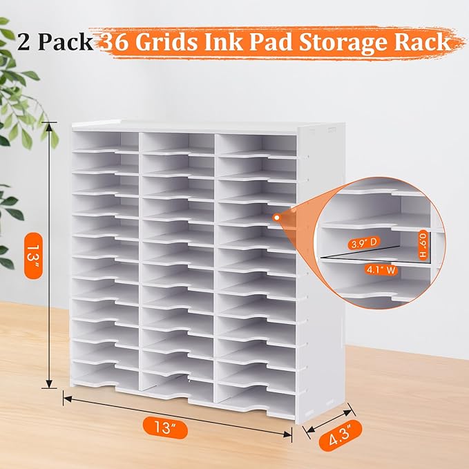 Krafetto 2 Pack 36 Grids Ink Pad Storage Rack, Wall-mountable Stamp Pad Organizer Holder Compatible with Standard Size Ink Pads（Grid Size 4.1" W × 3.9" D × 0.9" H）
