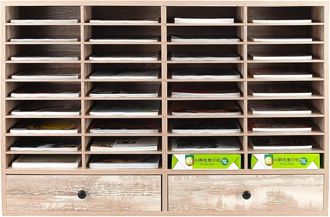 PAG Mail Sorter Organizer, Wood Literature Organizer, Student Mailbox for Classroom, Desktop Bill Paper Organizer for Office Home School, 38 Compartments, Retro White