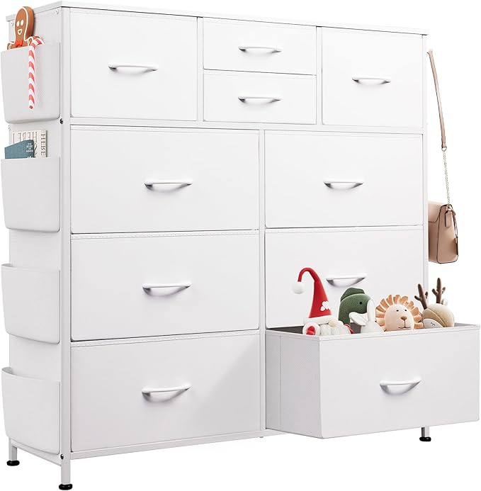 WLIVE White Dresser for Bedroom with 10 Drawers, Chest of Drawers with Side Pockets and Hooks, PU Storage Dresser, Sturdy Metal Frame, Drawers Organizer Unit for Living Room, Hallway, Closet