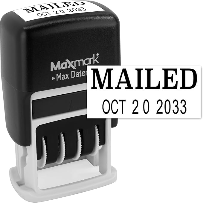 MaxMark Self-Inking Rubber Date Office Stamp with MAILED Phrase & Date - Black Ink (Max Dater II), 12-Year Band