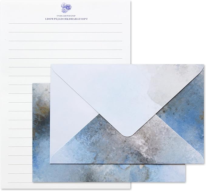 Tuhangcc Stationary Paper Set Minimalism - Hand Blended Colors,12 Envelopes (4x6 in) & 24 Lined Paper for Wedding Love Letters, Invitations, Anniversaries (Lake Blue - Grey)