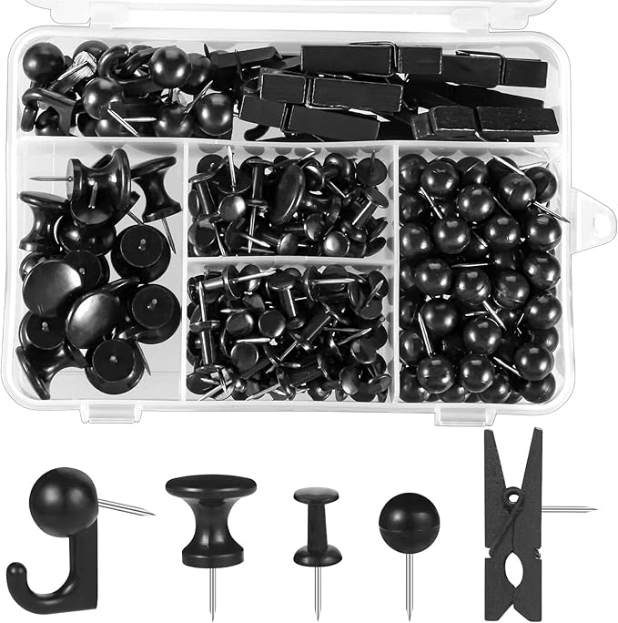 200 Pieces Push Pins Thumb Tacks Black Push Pins for Cork Board, 5 Style for Bulletin Boards Wall Maps Pictures Office Home Supplies