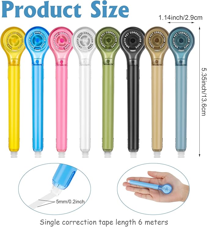 8 Pack Correction Tape Pens, 8 Color Comfortable Pen Shape Correction Pen Tape Pens Easy to Use Applicator for Instant Correction School Office Supplies, 1/5" X 236"