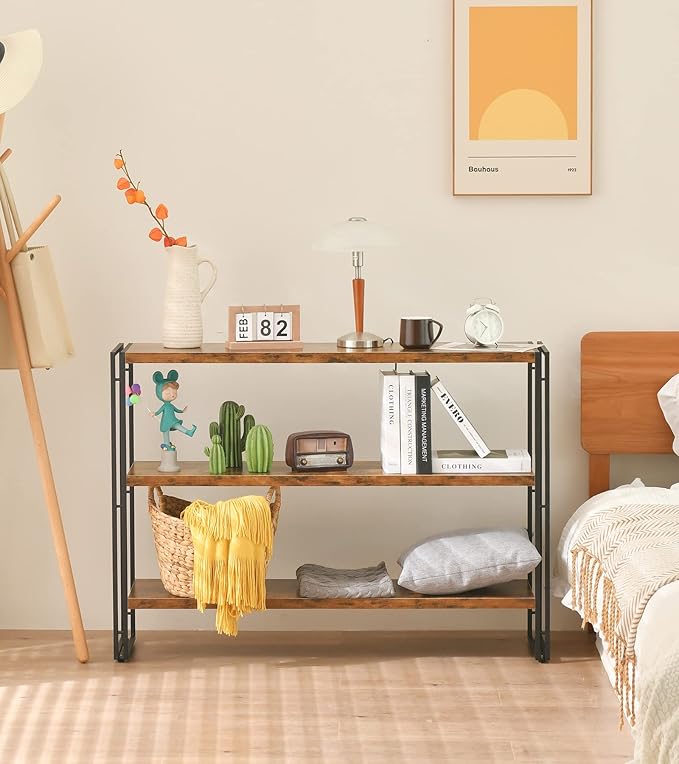 HCHQHS 3-Tier Rustic Wood and Metal Industrial Bookcase - 40in, for Home Office, Bedroom, Kitchen, Bathroom
