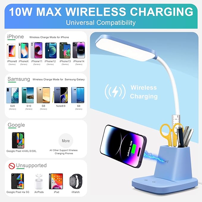 Sailstar Small Desk Lamp, Blue Desk Lamp with Pen Holder, Wireless Charger LED Desk Lamps for Home Office, 800LM Flexible Arm 3 Modes Dimmable Touch Cute Desk Lamps, Study Lamps for College Dorm Room