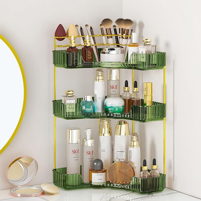 SUNZOS 3-Tier Corner Bathroom Counter Organizer, Bathroom Organizer Countertop with Makeup Brush Holder, Vanity Makeup Cosmetic Storage, Corner Storage Organizers for Dresser