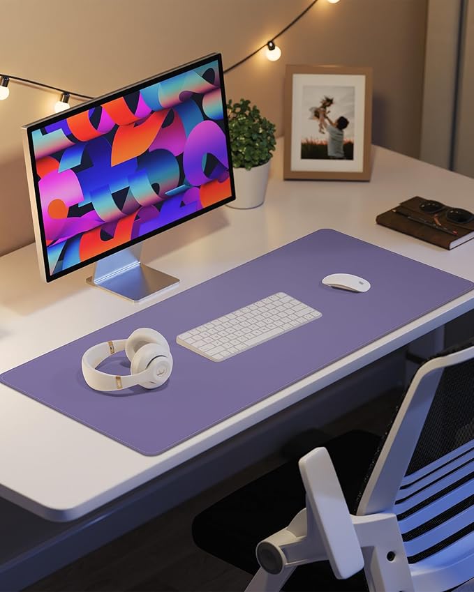 Leather Desk Pad Protector,Desk Mat,Large Mouse Pad, Non-Slip Desk Pad, Waterproof PU Leather Desk Blotter Mat, Desk Cover for Office and Home (Light Purple, 36" x 17")