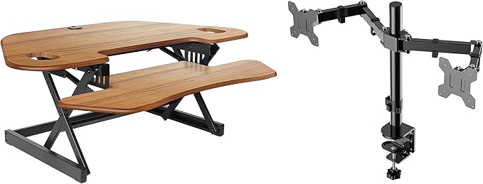 Rocelco 46" Height Adjustable Corner Standing Desk Converter with Dual Monitor Arm BUNDLE - Quick Sit Stand Up Computer Workstation Riser - Extra Large Keyboard Tray - Teak Wood Grain (R CADRT-46-DM2)
