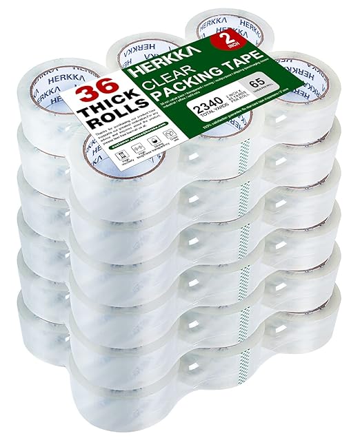 HERKKA Clear Packing Tape, 36 Rolls Heavy Duty Packaging Tape for Shipping Packaging Moving Sealing, Thicker Clear Packing Tape, 2 inches Wide, 65 Yards Per Roll, 2340 Total Yards