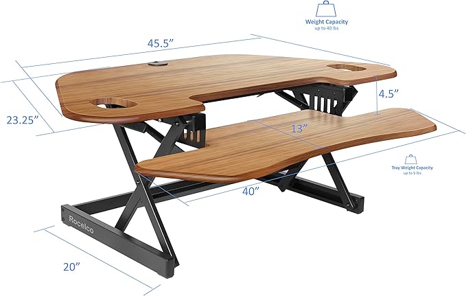 Rocelco 46" Height Adjustable Corner Standing Desk Converter with Dual Monitor Arm BUNDLE - Quick Sit Stand Up Computer Workstation Riser - Extra Large Keyboard Tray - Teak Wood Grain (R CADRT-46-DM2)