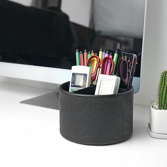 Hennaja Round Leather Art Supply Organizer,Remote Control Holder,360 Degree Spinning,Multi-Functional Pencil Holder,4 Compartments Desktop Stationary Organizer(1-Carved Black)