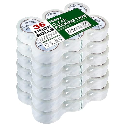 HERKKA Clear Packing Tape, 36 Rolls Heavy Duty Packaging Tape for Shipping Packaging Moving Sealing, Thicker Clear Packing Tape, 1.88 inches Wide, 65 Yards Per Roll, 2340 Total Yards