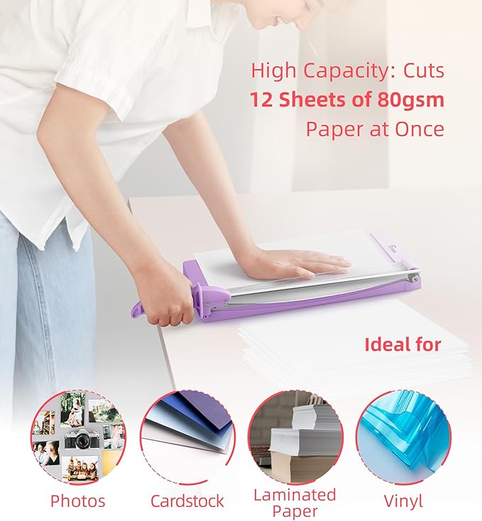 Firbon 12" Guillotine Paper Cutter with Hidden Ruler, Compact Heavy Duty 12-Sheet Capacity Trimmer for Cardstock, Photos, Scrapbooking, Office, Classroom, Studio (Purple)