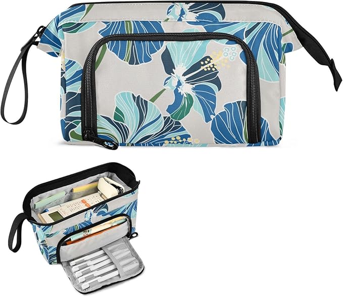 Bolaz Big Capacity Pencil Pen Case Pouch Bag School College Office Organizer for Teens Girls Adults Student-Blue Flower Pattern