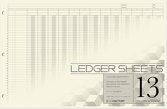 BookFactory Ledger Sheets/Large 13 Column Accounting Ledger Columnar (Thirteen Columns) Loose Leaf Paper - 17'' x 11'', 50 Pages, Loose Leaf, 3 Hole Punched (Made in USA)