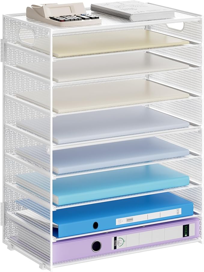 Marbrasse Paper Organizer Letter Tray, 9 Tier Mesh File Organizer with Handle, Paper Sorter Desk Organizer for Home Office Supplies - White