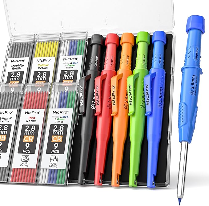 Nicpro 5 Pack CP3000 Carpenter Pencils with Sharpener, Mechanical Pencil Set with 59 Refills, Heavy Duty Working Tools, Construction Pencil for Architect Marking (Red, Black, Orange, Green, Blue)