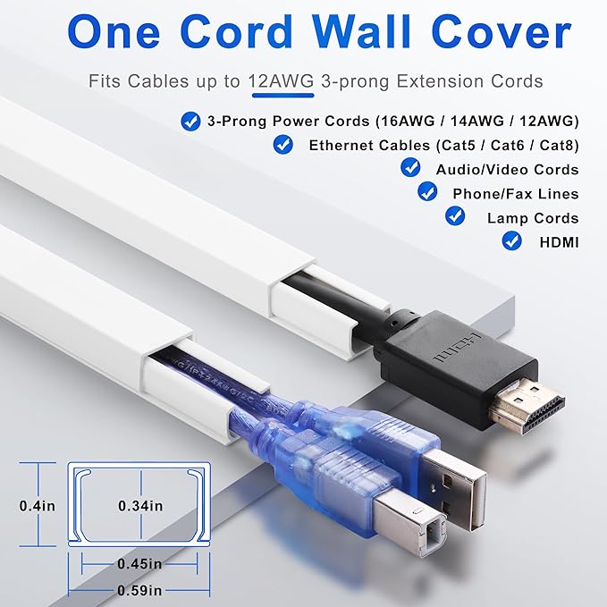 Cord Hider Wall for One Cord, 136in Cord Covers for Wires on Wall, Easy Install Cable Cover Wall, Cable Raceway White Hide Cords, Cable Hider Cord Management Wall, 8X L17in W0.6in H0.4in