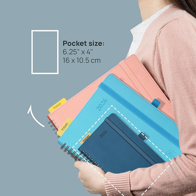 POPRUN Pocket 2026 Planner (Small Size- 4'' x 6.25'') Weekly and Monthly for Purse - Calendar 2026 (Jan. 2026 - Dec.2026) with Soft Cover, Plastic Ruler - Grey