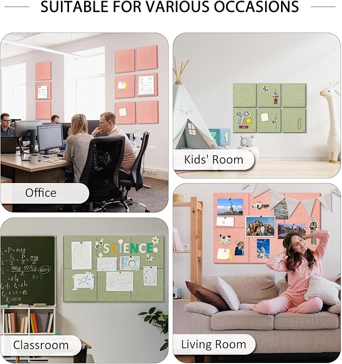 BXI Felt Bulletin Board - 36 X 24 Inches, 6 Pcs Self-Adhesive Decor Cork Boards with 30 Pushpins, Sturdy Acoustic Wall Panels for Office Work, Poster Pin Tiles for Teen Dorm Room Kitchen Classroom