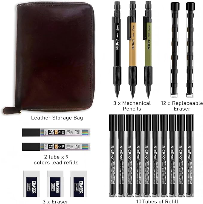 Nicpro 21PCS 1.3 mm Mechanical Pencil Set in Leather Bag with 138 Lead Refill Black & Colors, Erasers- Weatherproof Metal Heavy Duty Carpenter Pencil for Outdoor Drafting Marking Drawing Woodworking