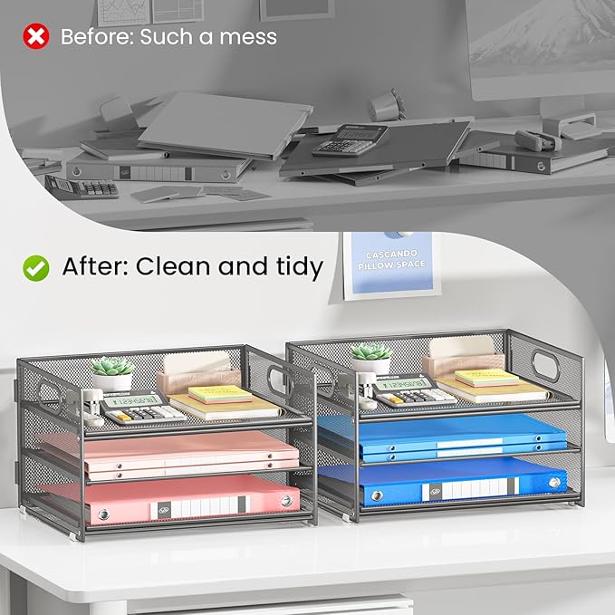Subekyu 2-Pack 3-Tier Gray Metal Mesh Desk Paper Letter Tray & File Sorter Organizer with Handle + 1 Sliding Tray for Desk, Home, Office, School Supplies, A4 Paper and Accessories Storage