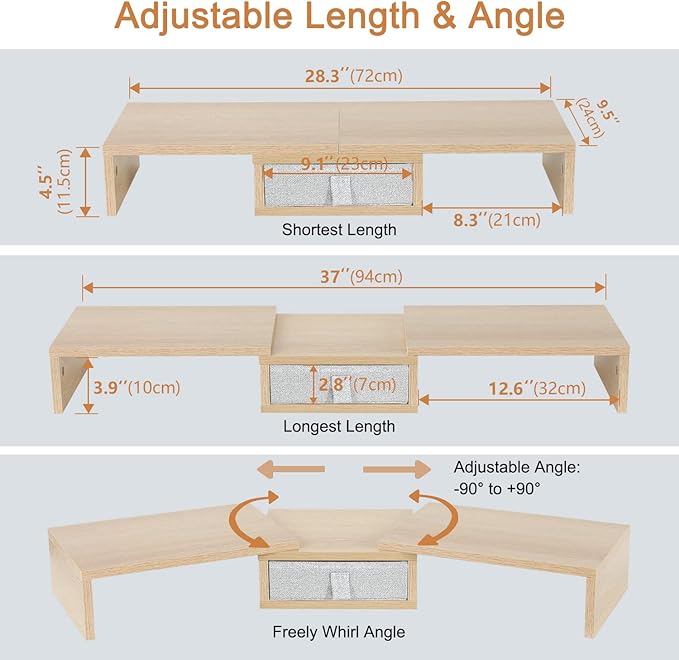 TEAMIX 3 Shelf Monitor Stand Riser with Drawer-Length and Angle Adjustable Dual Monitor Riser with Storage Corner Desk Shelf Organizer Large Computer Stand for 2 Monitors/Laptop (Maple, 1 Drawer)