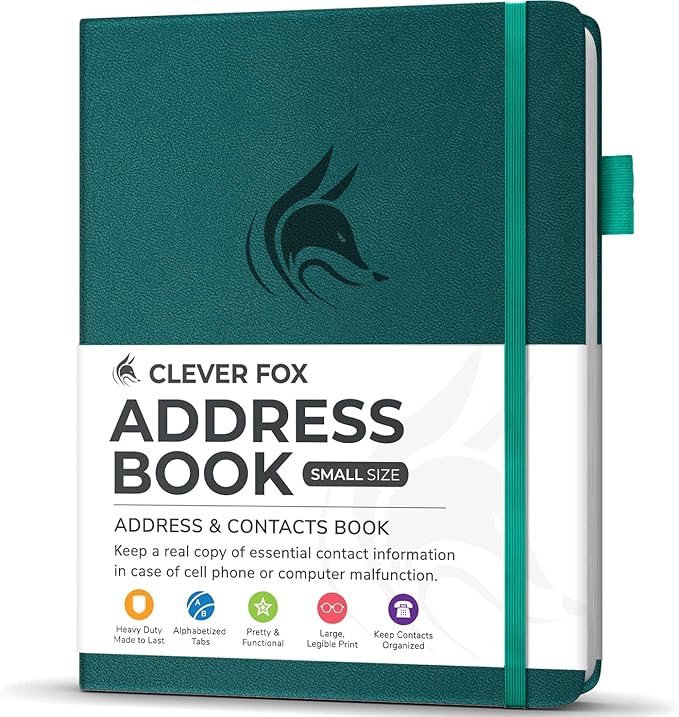 Clever Fox Address Book with alphabetic tabs - PU Leather Telephone and Address Book for Keeping Contacts Safe, Contact Organizer Journal, Small Size (4.0″ x 5.5″), Hardcover, Dark Teal