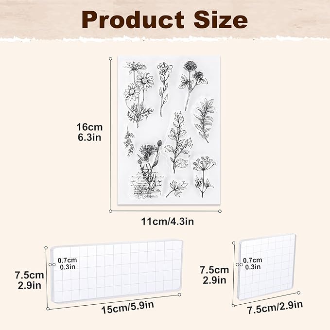 UCEC 8 Sheets Clear Stamps Set, 2 PCS Acrylic Stamp Block (15*5cm & 7.5*7.5cm), Vintage Plants Flower Rubber Silicone Stamps, Scrapbook Clear Stamp for Card Making & DIY Christmas Crafts Decoration