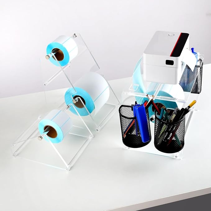 (2 Tier Acrylic Label Paper Stand) Label Roll Holder for Rolls and Fanfold Labels,Acrylic Label Holder for Thermal Printer,Desktop Label Printer Holder for Home,Office,Study,Small Business