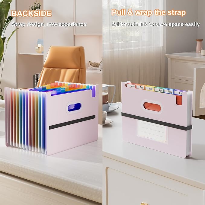 ThinkTex Accordion File Organizer, 12 - Pocket Expanding File Folders Upright & Open Top,for Paper Receipts, Bills&Taxes Organizer, Letter/A4 Size for School, Office, Home with tab-Pinkish Purple