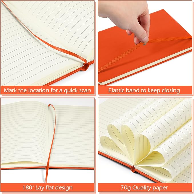Honoson 20 Pack Lined Journal Notebooks A5 Hardcover Executive Notebook 5.5" x 8.3" PU Leather Wide Ruled Journals Bulk with Elastic Band for Home Business Office School Supplies(Orange)